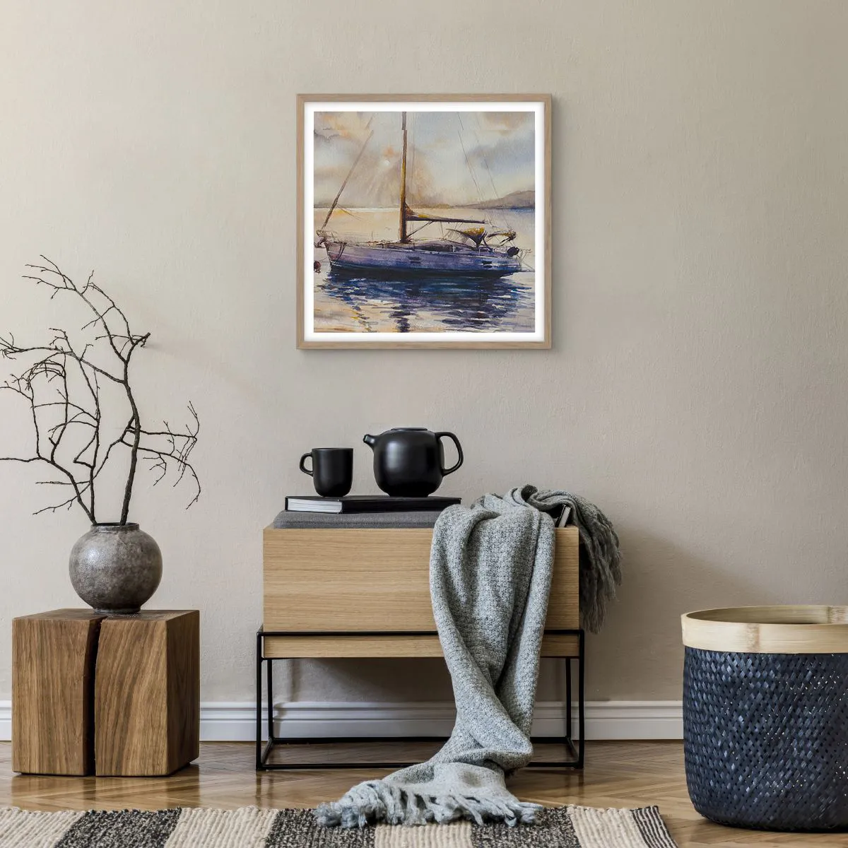 Poster in light oak frame - Evening in Harbour - 50x50 cm