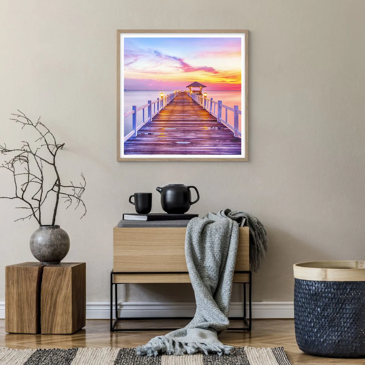 Plakát v rámu světlý dub - Liliově-zlaté ticho večera - 60x60 cm