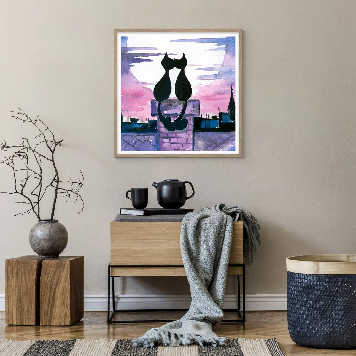 Póster en marco roble claro - Cita bajo la luna - 60x60 cm