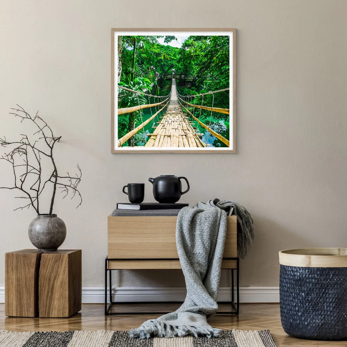 Poster în ramă de stejar deschis - Pod de maimuțe peste verdeață - 60x60 cm