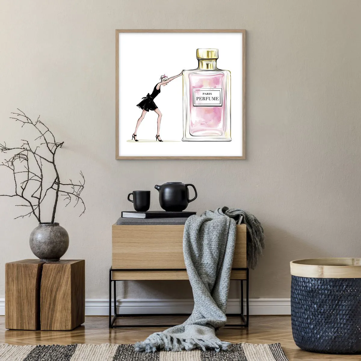 Plakat i ramme af lyst egetræ - Essensen af kvindelighed - 60x60 cm