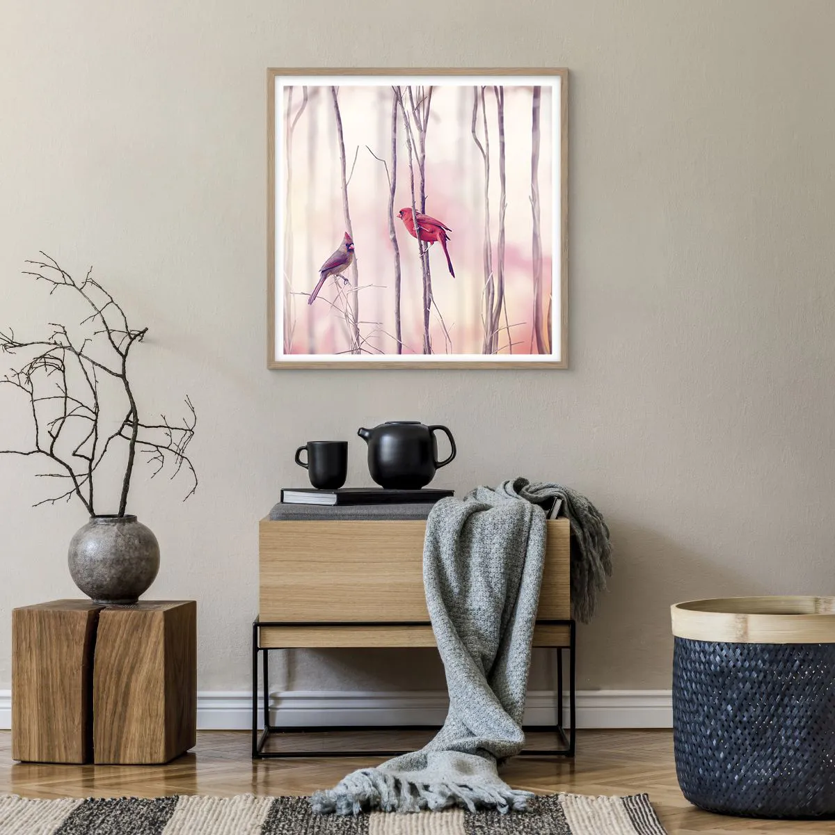 Poster in light oak frame - Tale of a Pink Forest - 60x60 cm