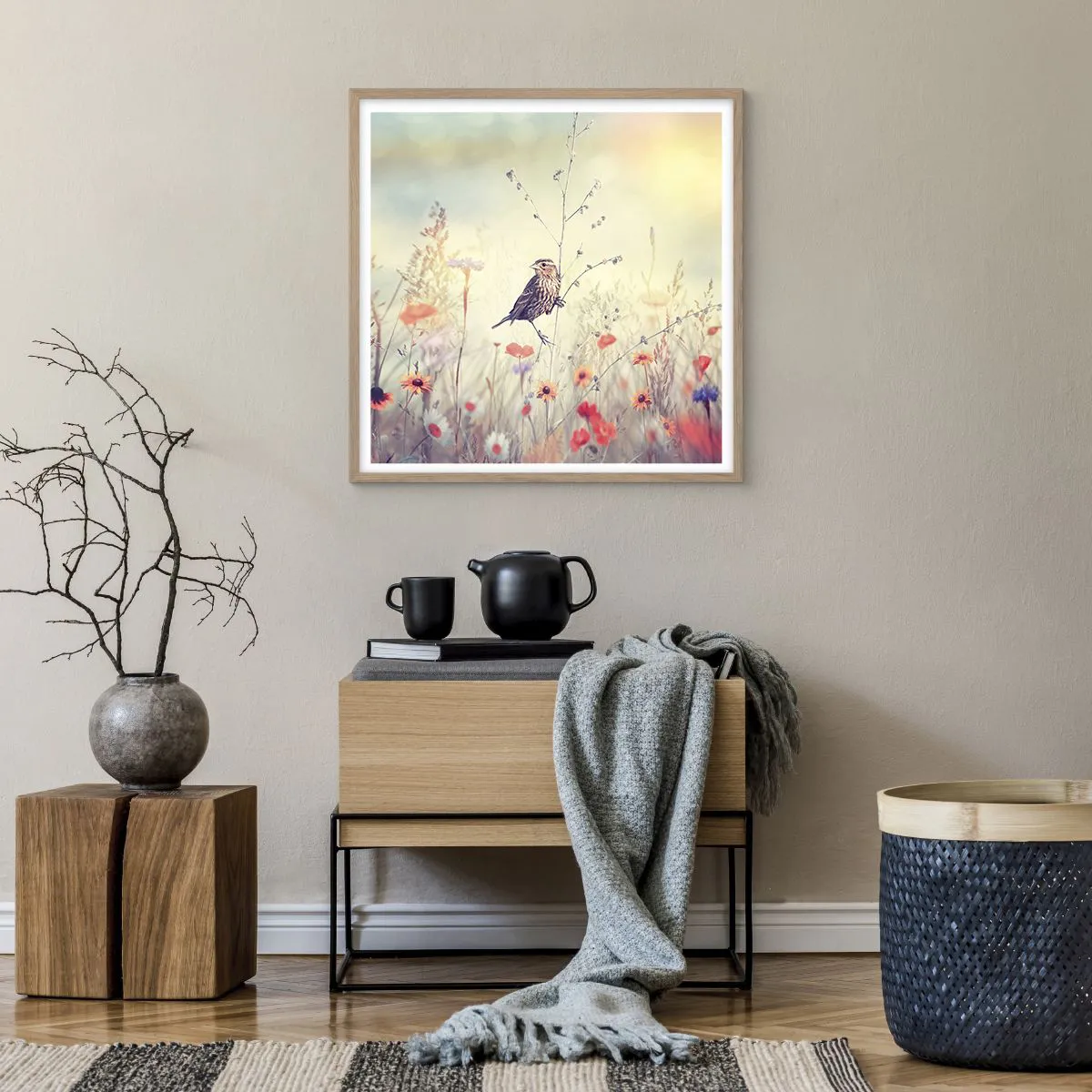 Poster in light oak frame - Bird Portrait with a Meadow in the Background - 60x60 cm