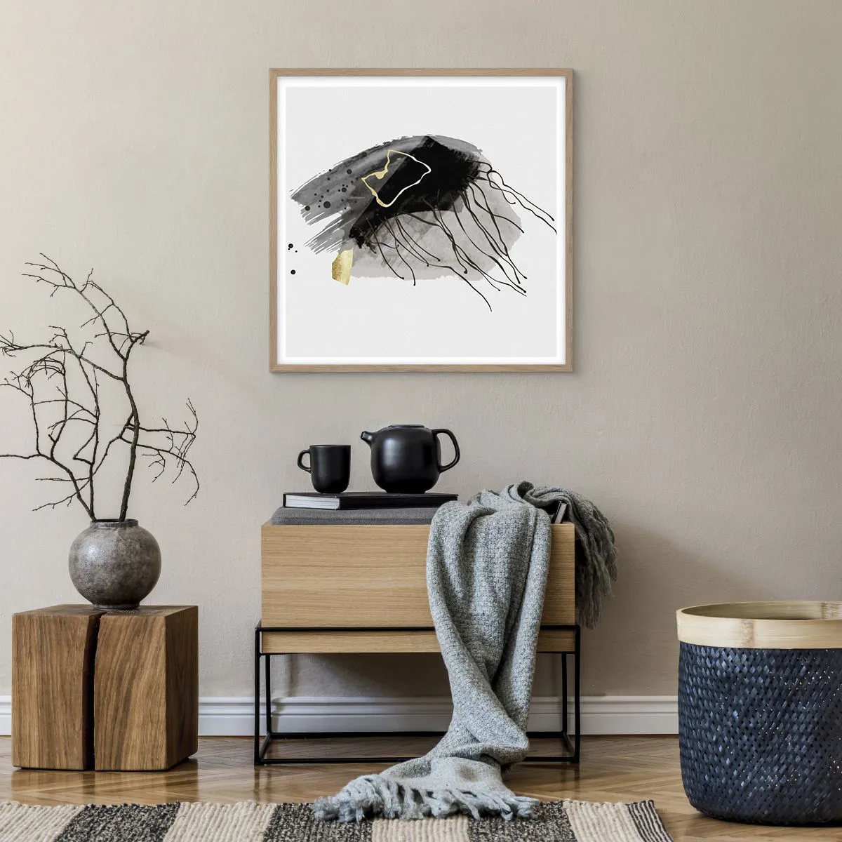 Affiche dans un chêne clair - Poster - En noir et en or - 60x60 cm