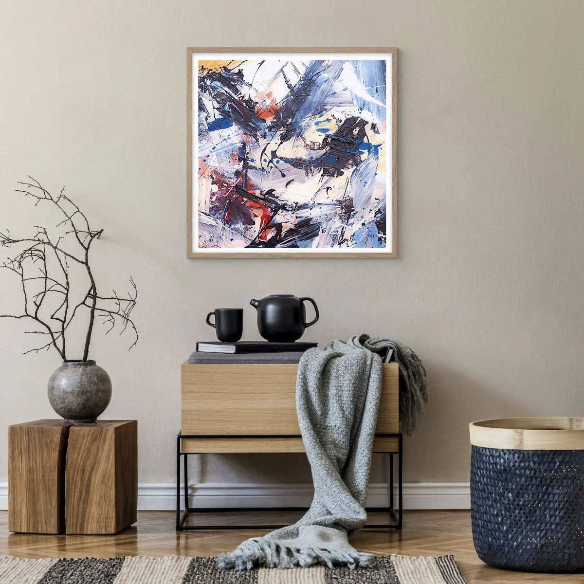 Plakat i ramme af lyst egetræ - Abstraktionens vanvittige dans - 60x60 cm