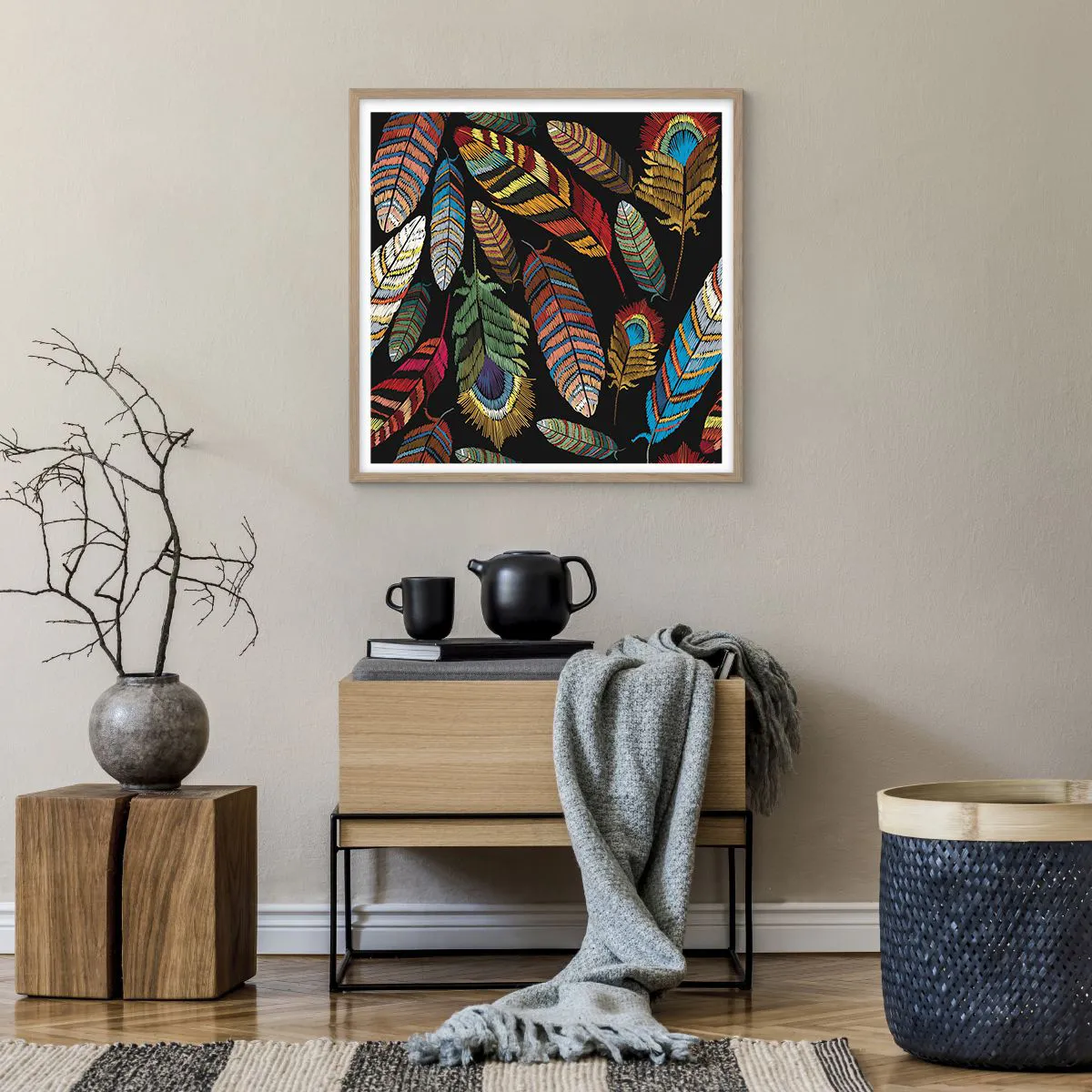 Affisch i ram av ljusek - Fågelkarneval - 60x60 cm