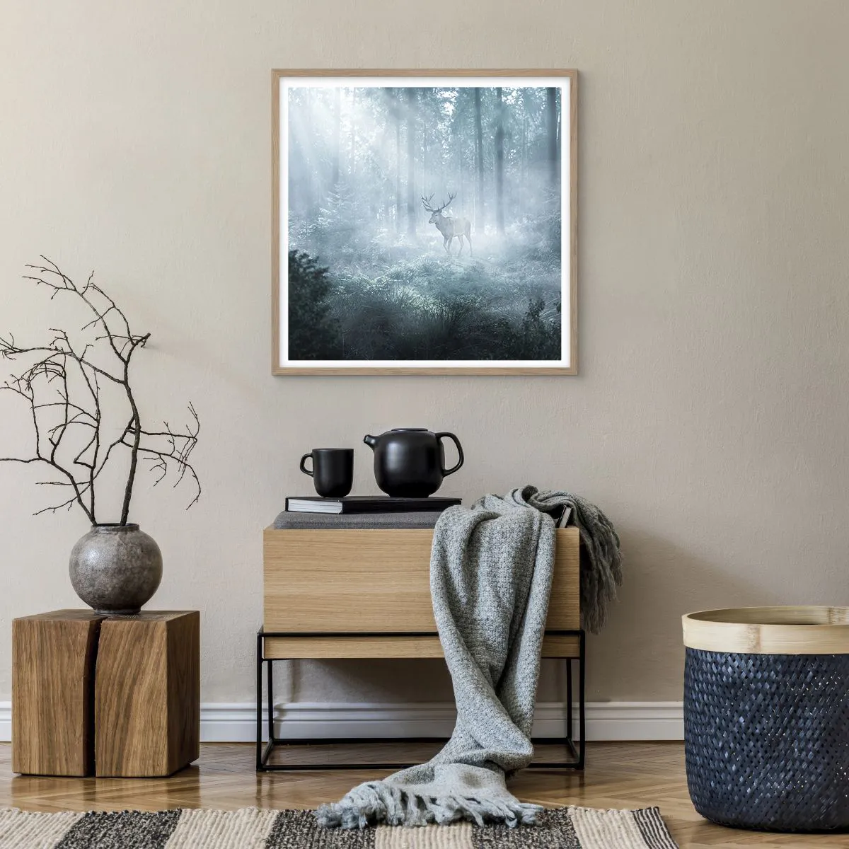 Poster in einem Rahmen aus heller Eiche - Morgenvisite auf dem Grundstück - 60x60 cm