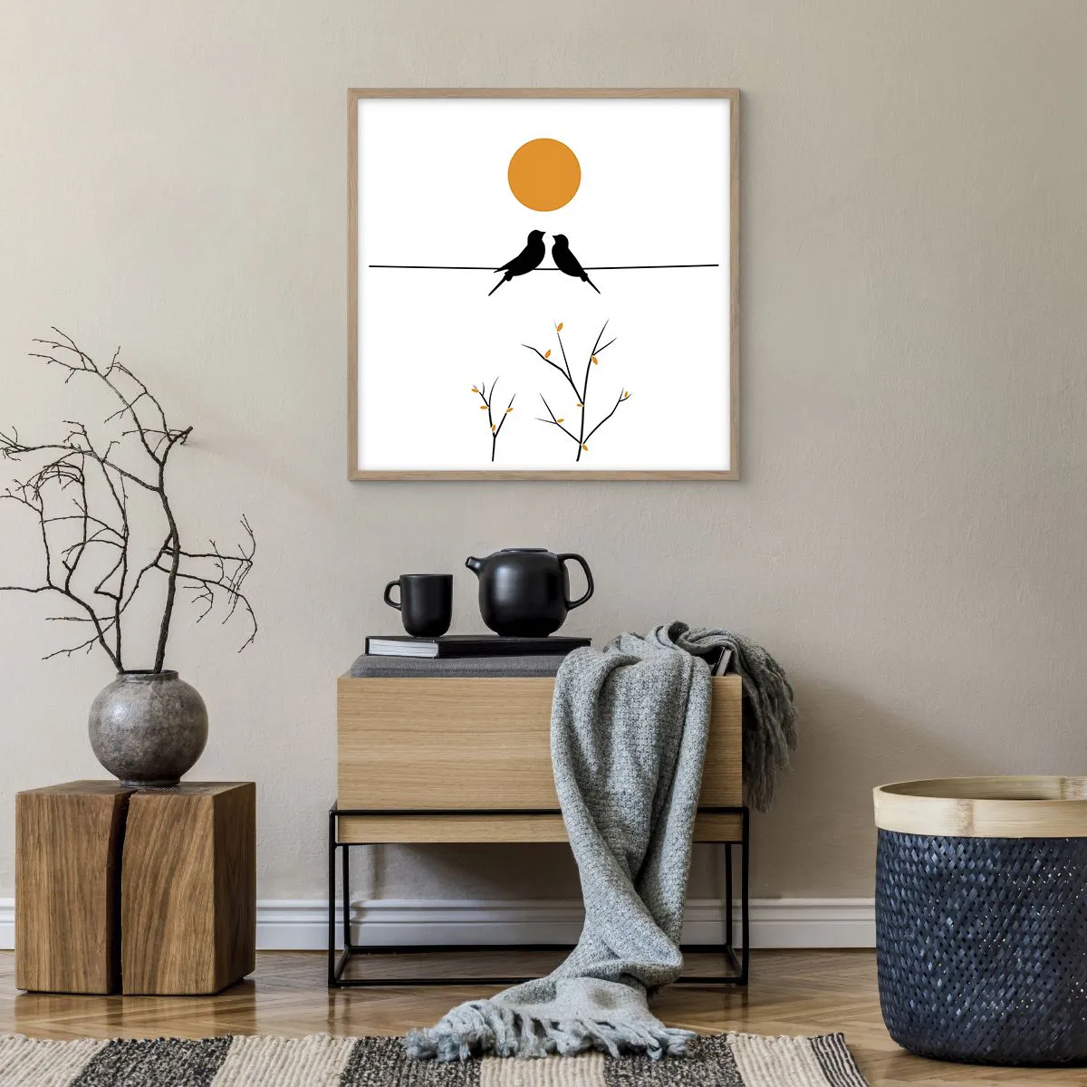 Plakat i ramme af lyst egetræ - Nattergal - 60x60 cm