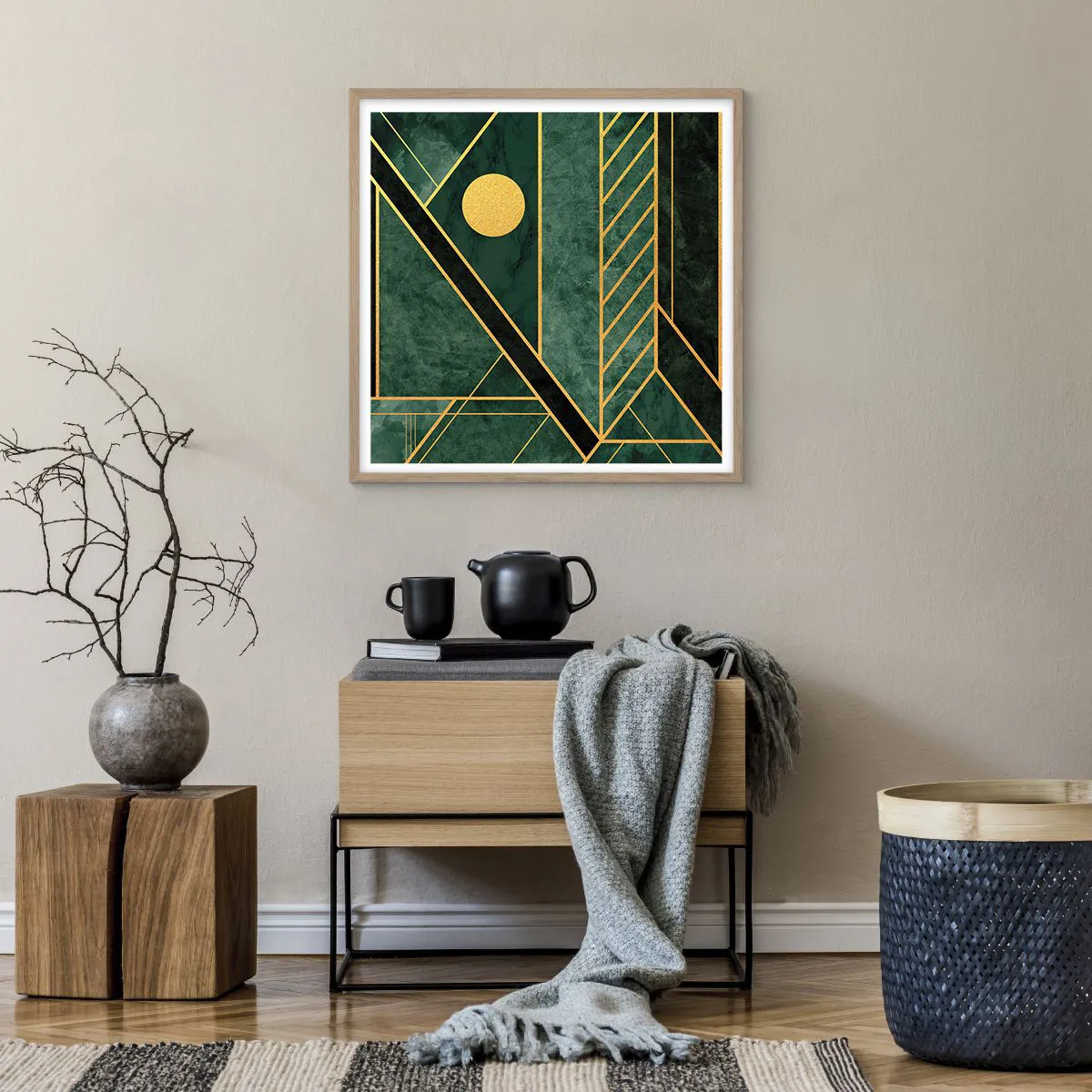 Een poster in een licht eiken lijst - Dynamiek van goud en azuur - 60x60 cm