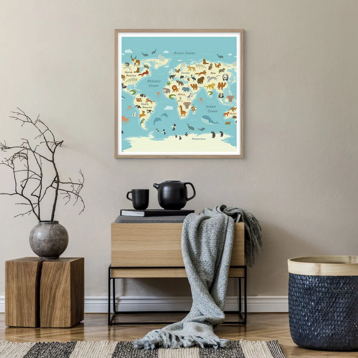 Plakat i ramme af lyst egetræ - Gode naboer - 60x60 cm