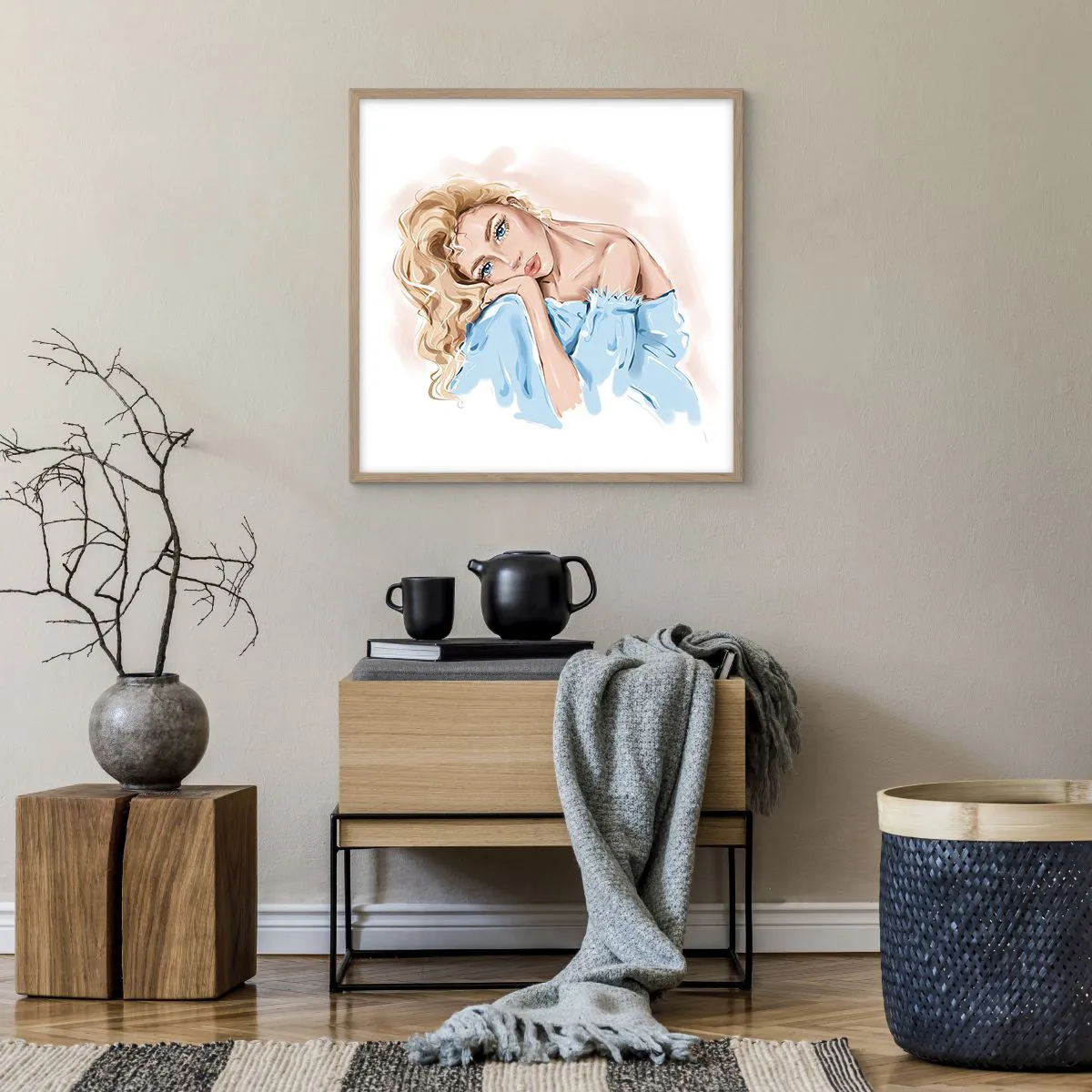 Affiche dans un chêne clair - Poster - Rêveuse en bleu - 60x60 cm