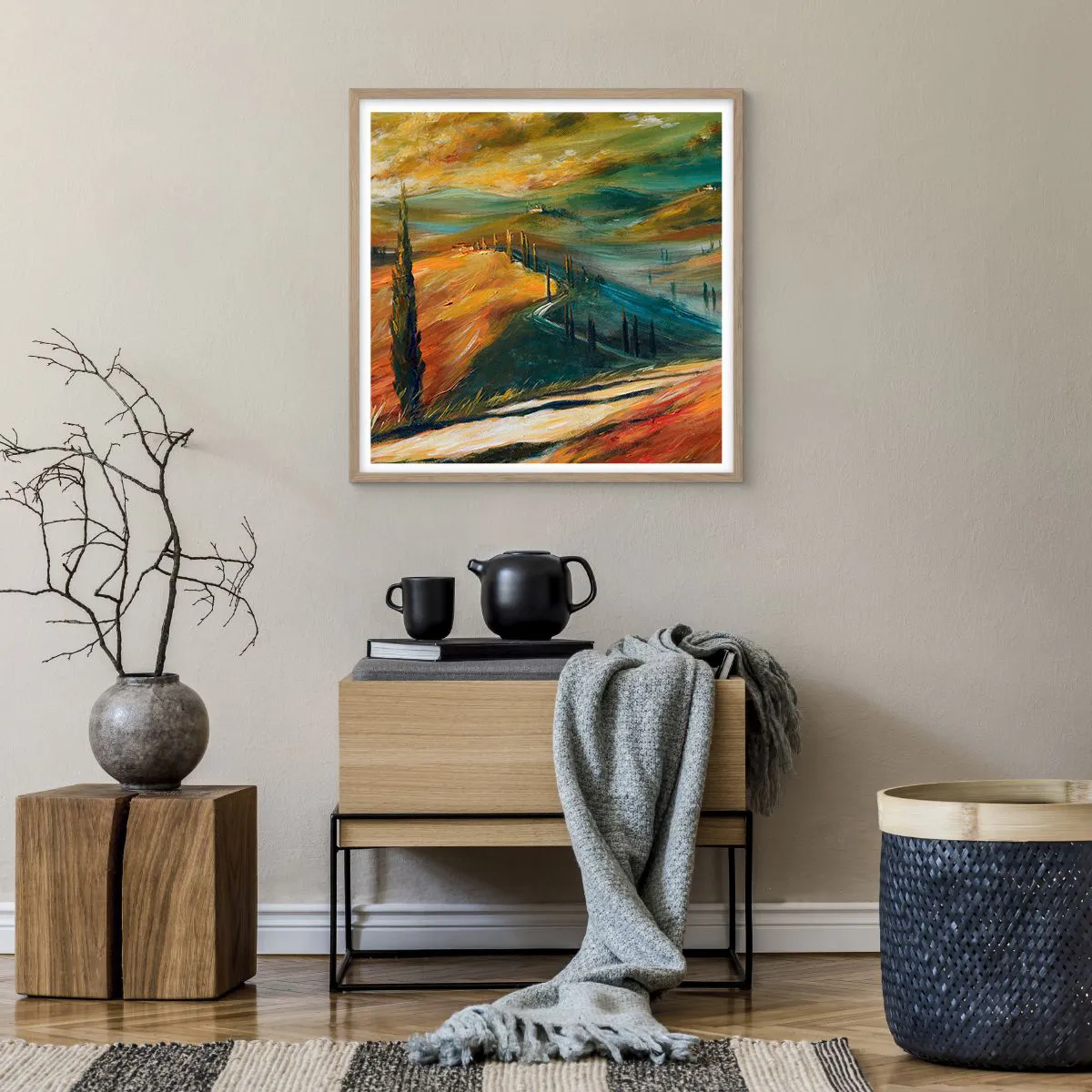 Affiche dans un chêne clair - Poster - paysage toscan - 60x60 cm