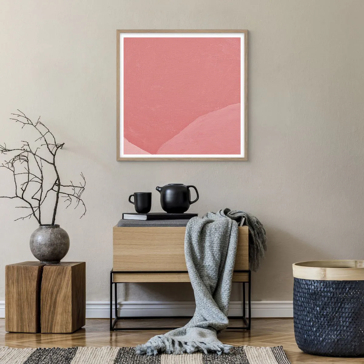 Póster en marco roble claro - Composición orgánica en rosa - 60x60 cm