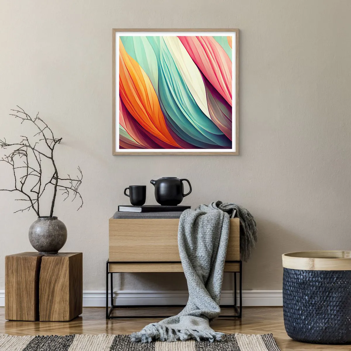 Póster en marco roble claro - Tejido arco iris - 60x60 cm