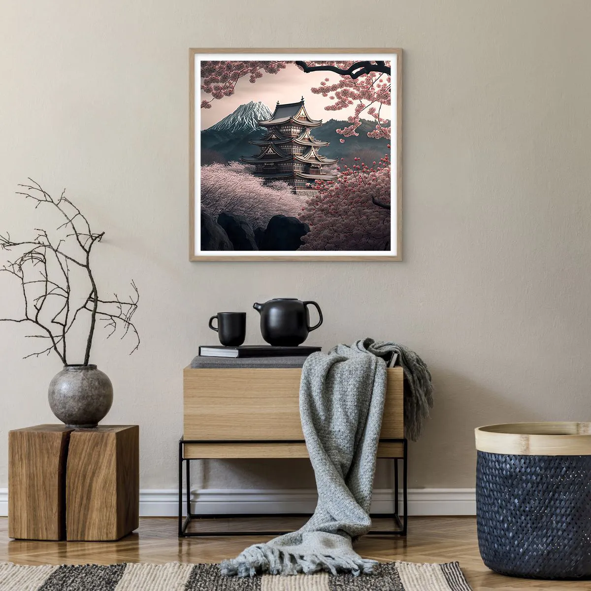 Plagát v ráme zo svetlého duba - Krajina kvitnúcich čerešní - 60x60 cm