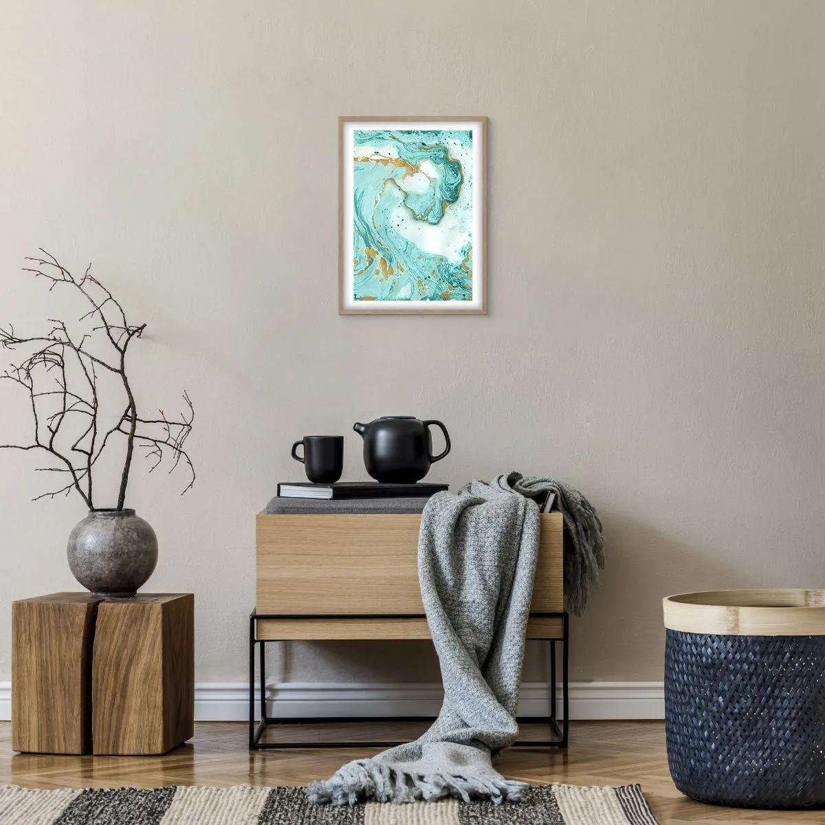 Plagát v ráme zo svetlého duba - Pod veľkou vlnou z epochy Edo - 30x40 cm