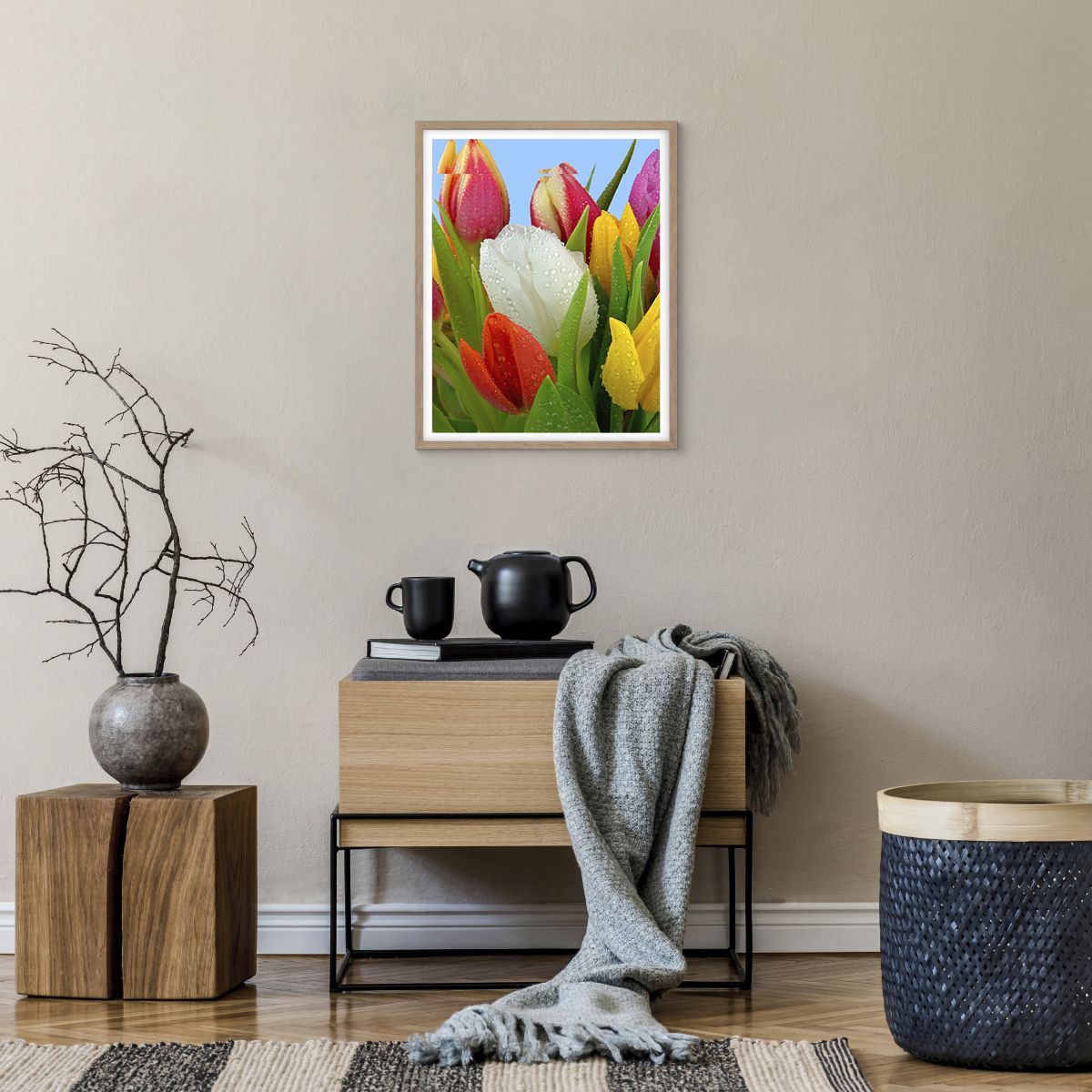 Poster in einem Rahmen aus heller Eiche Tulpen, Poster in einem Rahmen aus heller Eiche Blumen, Poster in einem Rahmen aus heller Eiche Blumenstrauß, Poster in einem Rahmen aus heller Eiche Natur, Poster in einem Rahmen aus heller Eiche Farbenfrohe Blumen