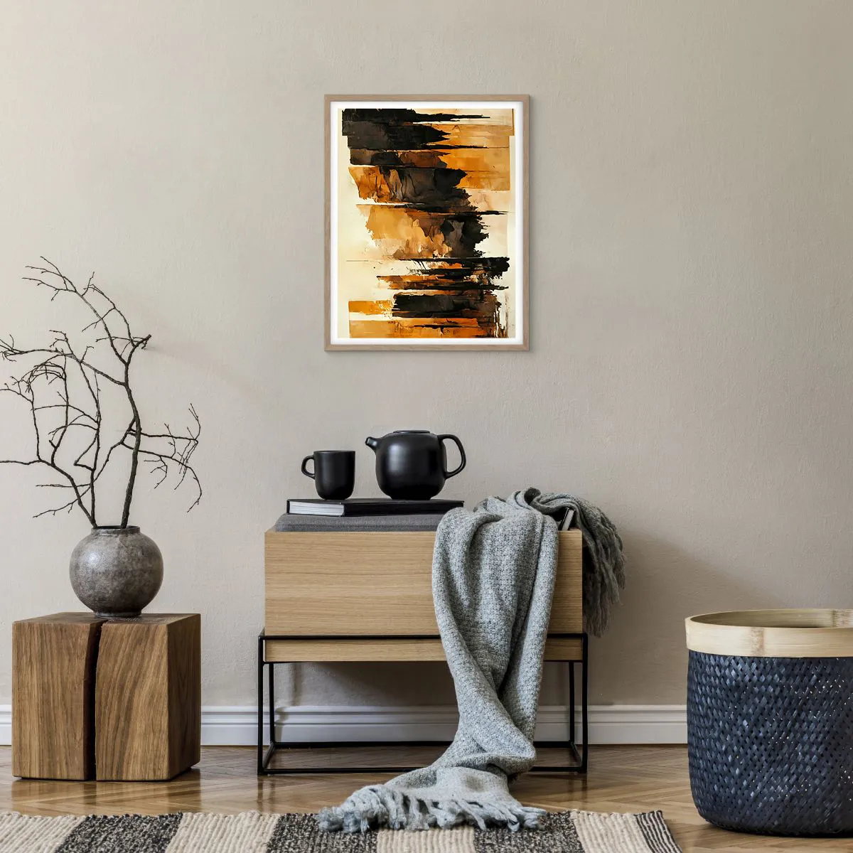 Plakat i ramme af lyst egetræ - Harmoni af sort og guld - 40x50 cm