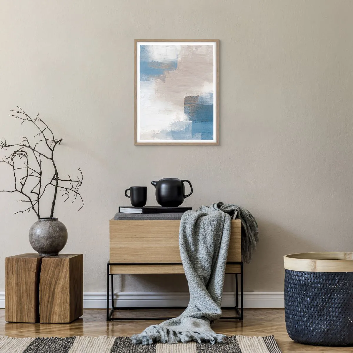 Plagát v ráme zo svetlého duba - Ružová abstrakcia za modrým závojom - 40x50 cm