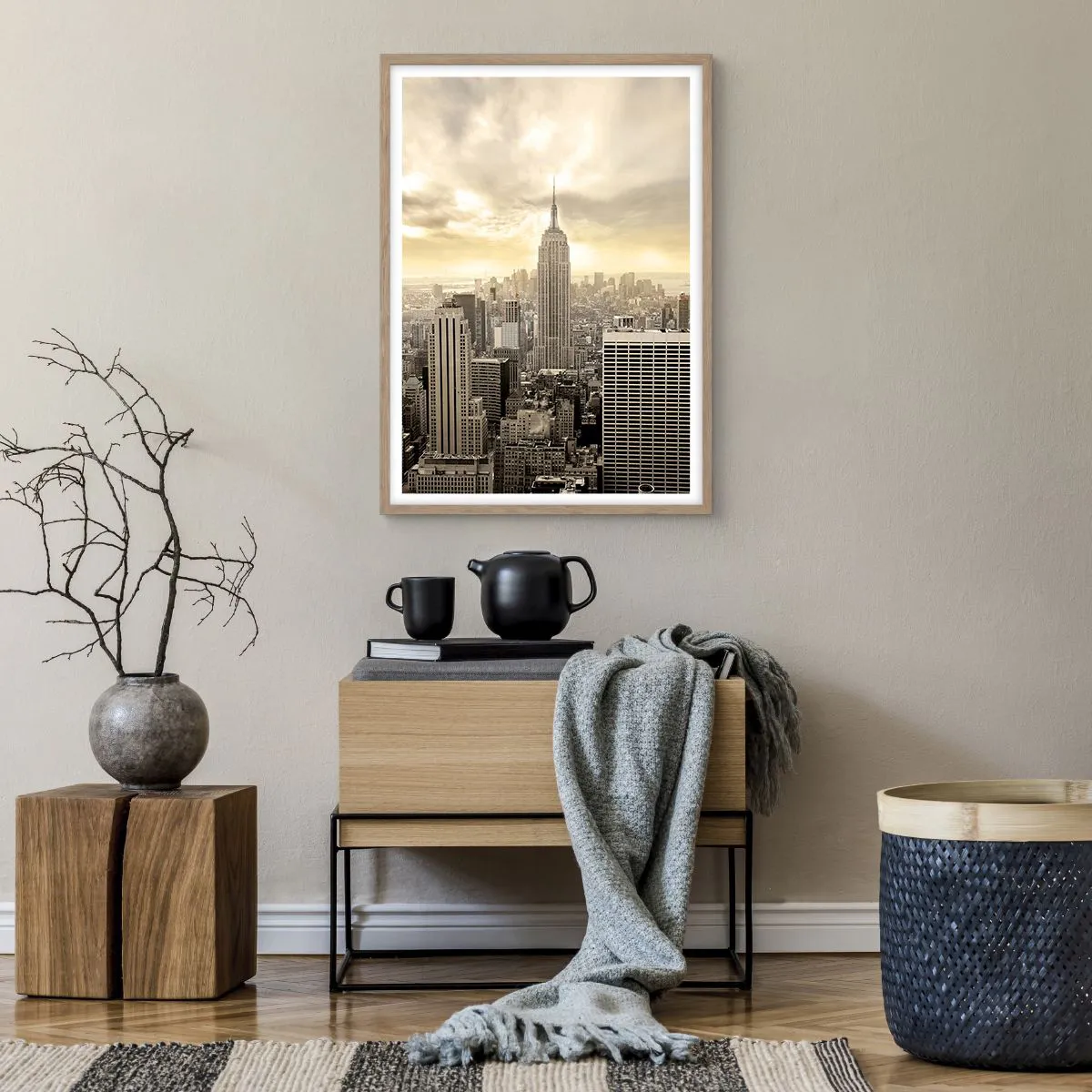 Pôster com moldura de carvalho claro - Nova Iorque em tons de cinza - 50x70 cm