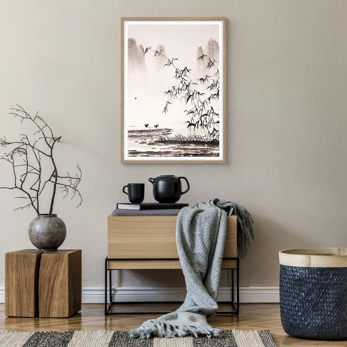 Plakat i ramme af lyst egetræ - Stilhed i rismarkerne - 50x70 cm