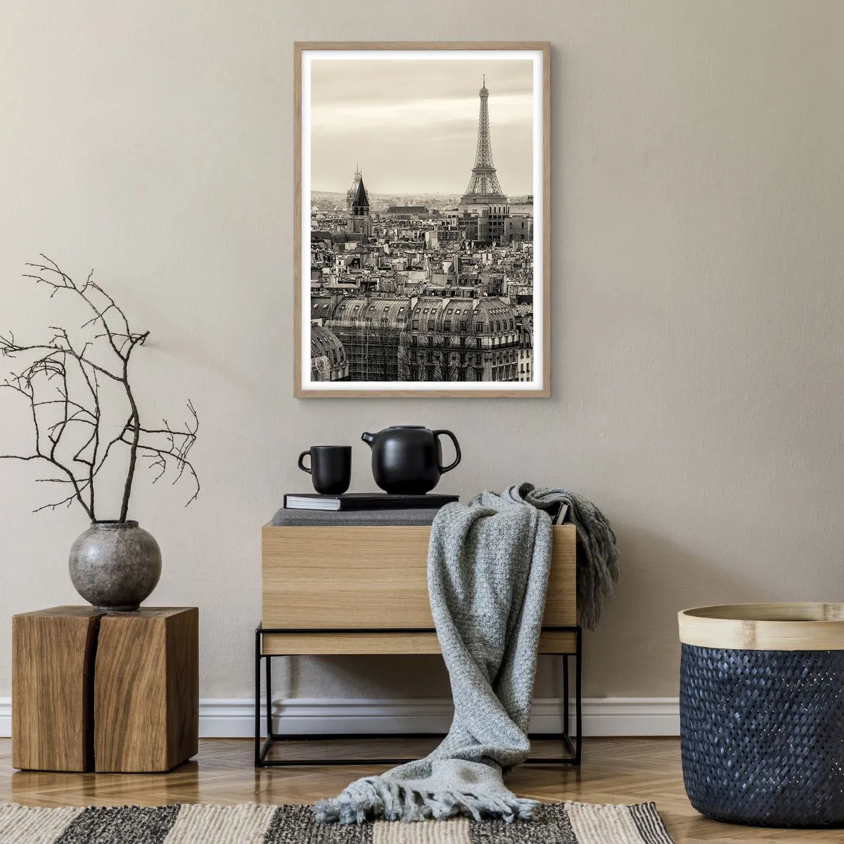 Plakat i ramme af lyst egetræ - Over Paris' hustage - 50x70 cm