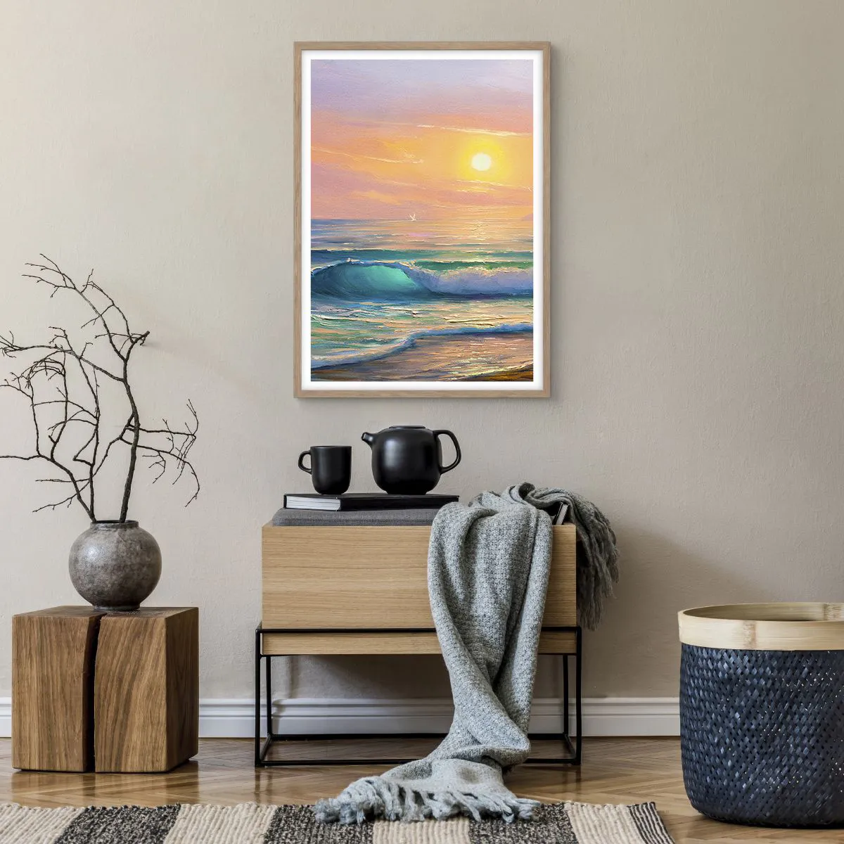 Poster in light oak frame - Turquoise Song of the Waves - 50x70 cm