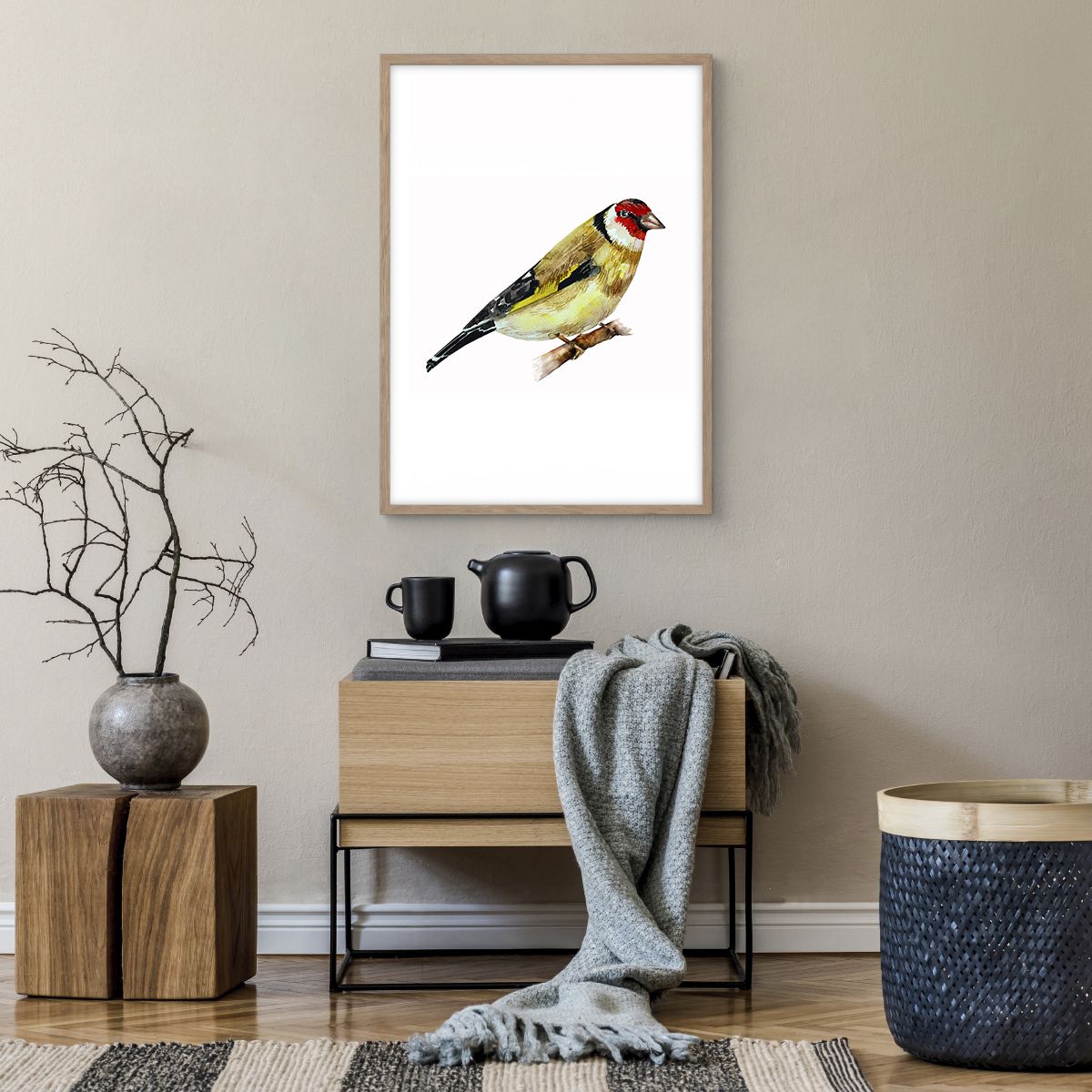 Plakat w ramie jasnego dębu Szczygieł, Plakat w ramie jasnego dębu Ptak, Plakat w ramie jasnego dębu Sztuka, Plakat w ramie jasnego dębu Zwierzęta, Plakat w ramie jasnego dębu Malarstwo