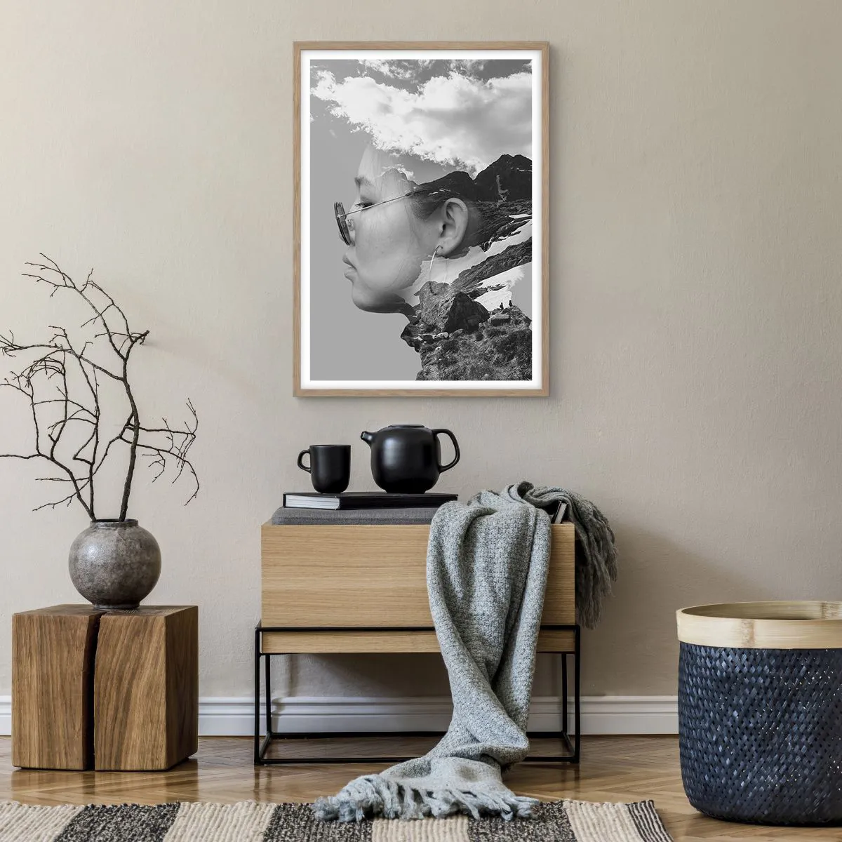 Plakát v rámu světlý dub - Povznešen portrét v oblacích - 50x70 cm