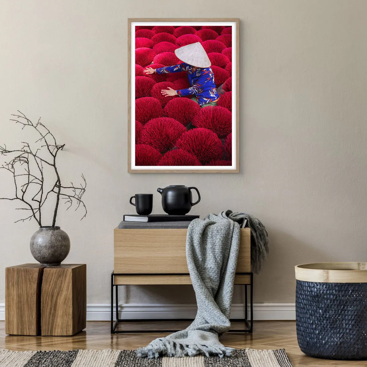 Plakat i ramme af lyst egetræ - I en rismark - 50x70 cm