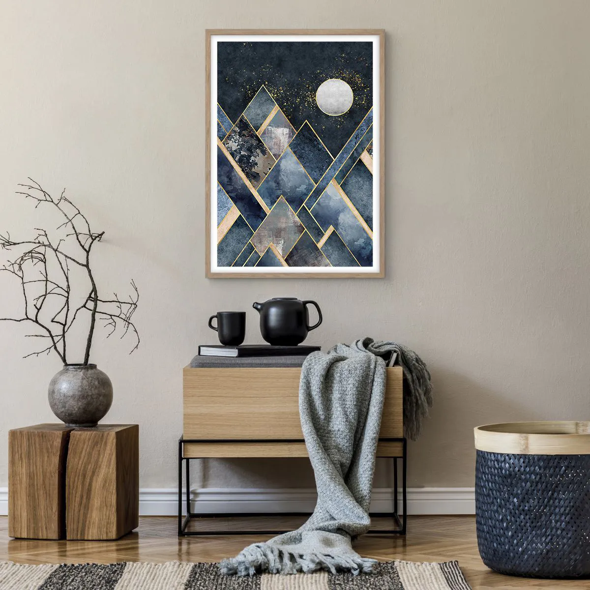 Pôster com moldura de carvalho claro - Paisagem geométrica - 50x70 cm