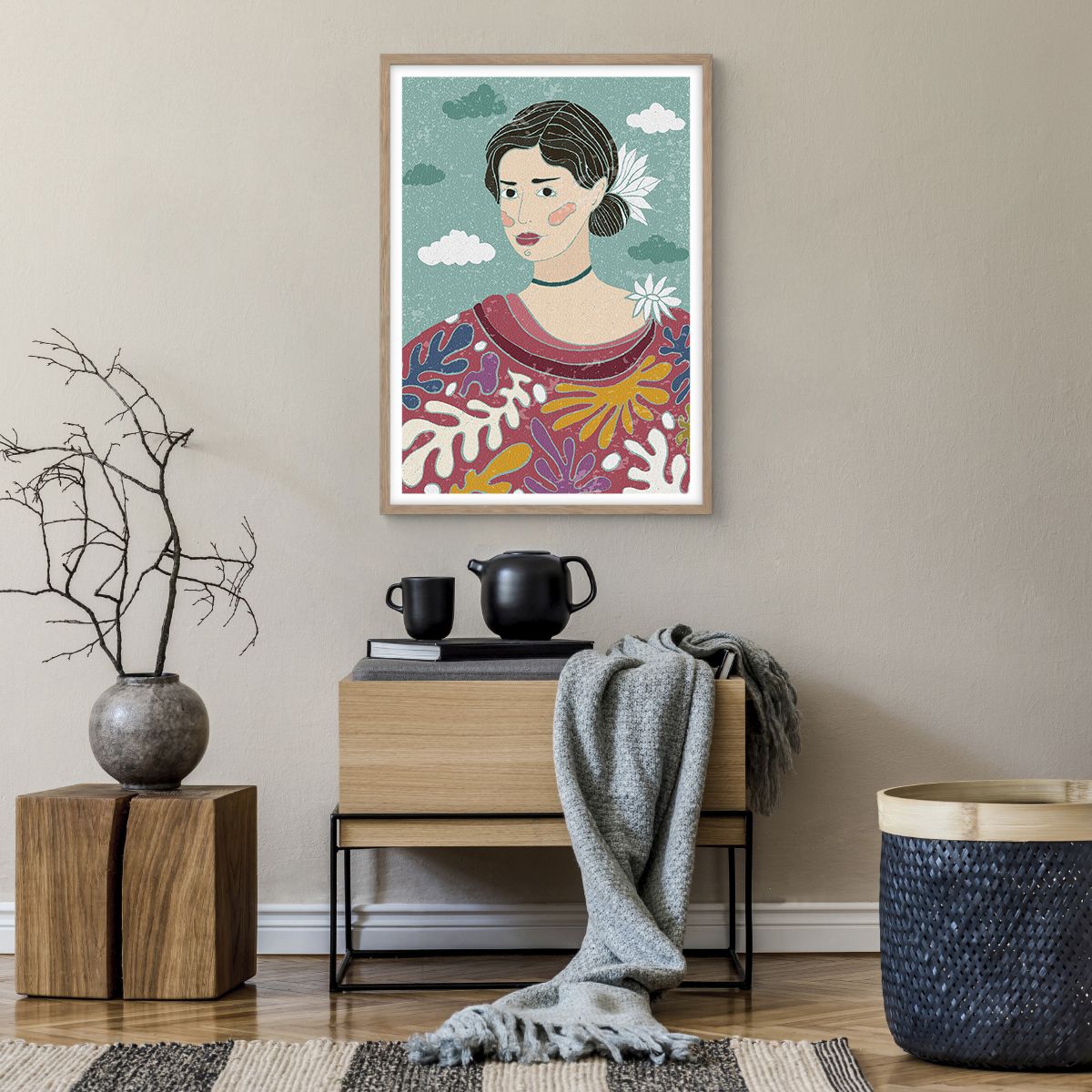 Poster in einem Rahmen aus heller Eiche Porträt, Poster in einem Rahmen aus heller Eiche Frau, Poster in einem Rahmen aus heller Eiche Boho