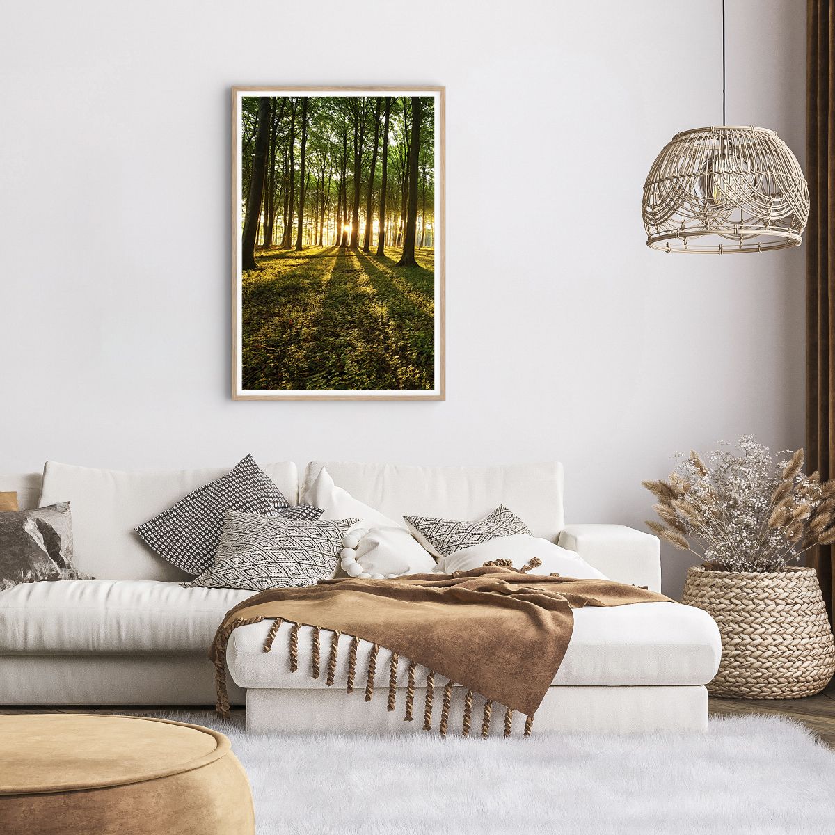 Poster in einem Rahmen aus heller Eiche Landschaft, Poster in einem Rahmen aus heller Eiche Wald, Poster in einem Rahmen aus heller Eiche Natur, Poster in einem Rahmen aus heller Eiche Bäume, Poster in einem Rahmen aus heller Eiche Sonnenstrahlen