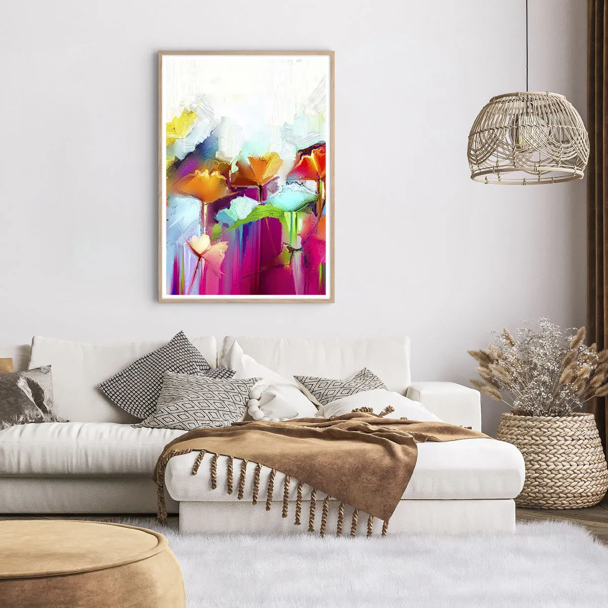 Plakat i ramme af lyst egetræ - Regnbuen i blomstring - 70x100 cm