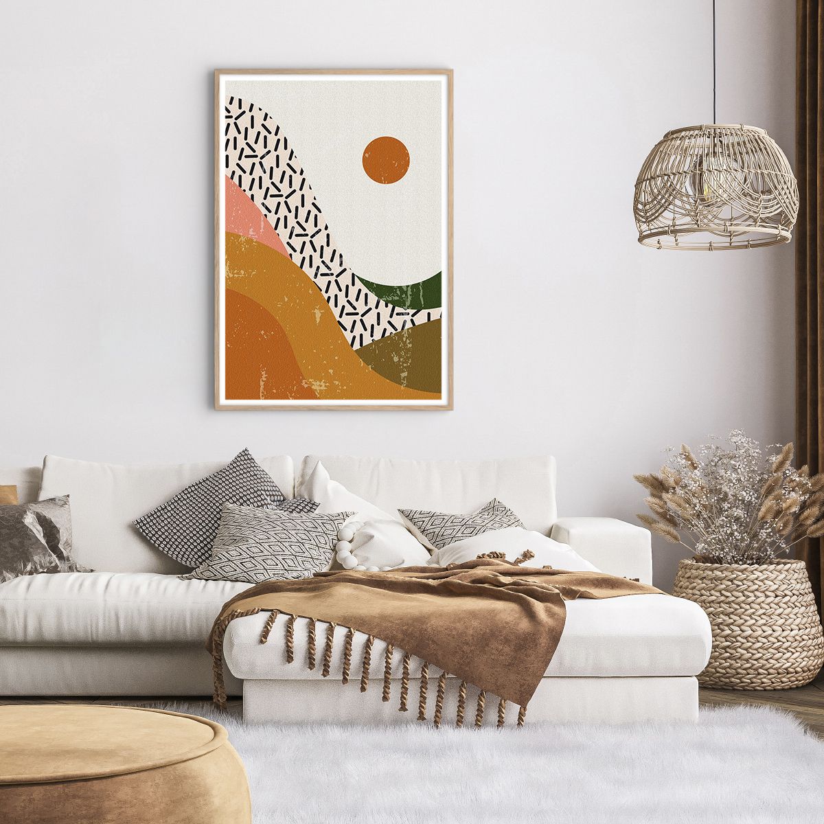 Een poster in een licht eiken lijst Minimalisme, Een poster in een licht eiken lijst Zon, Een poster in een licht eiken lijst Modern