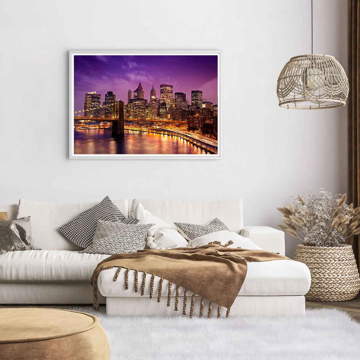 Plagát v bielom ráme - Fialovo-zlatý Manhattan - 100x70 cm