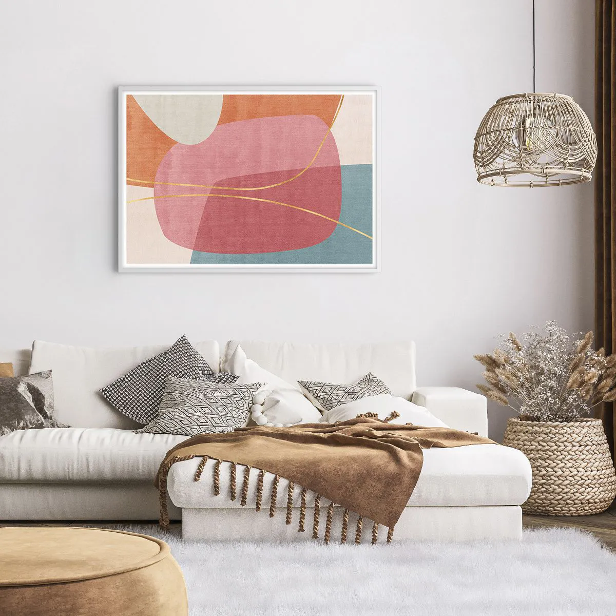 Affiche dans un cadre blanc - Poster - Composition pastel au fil d'or - 100x70 cm