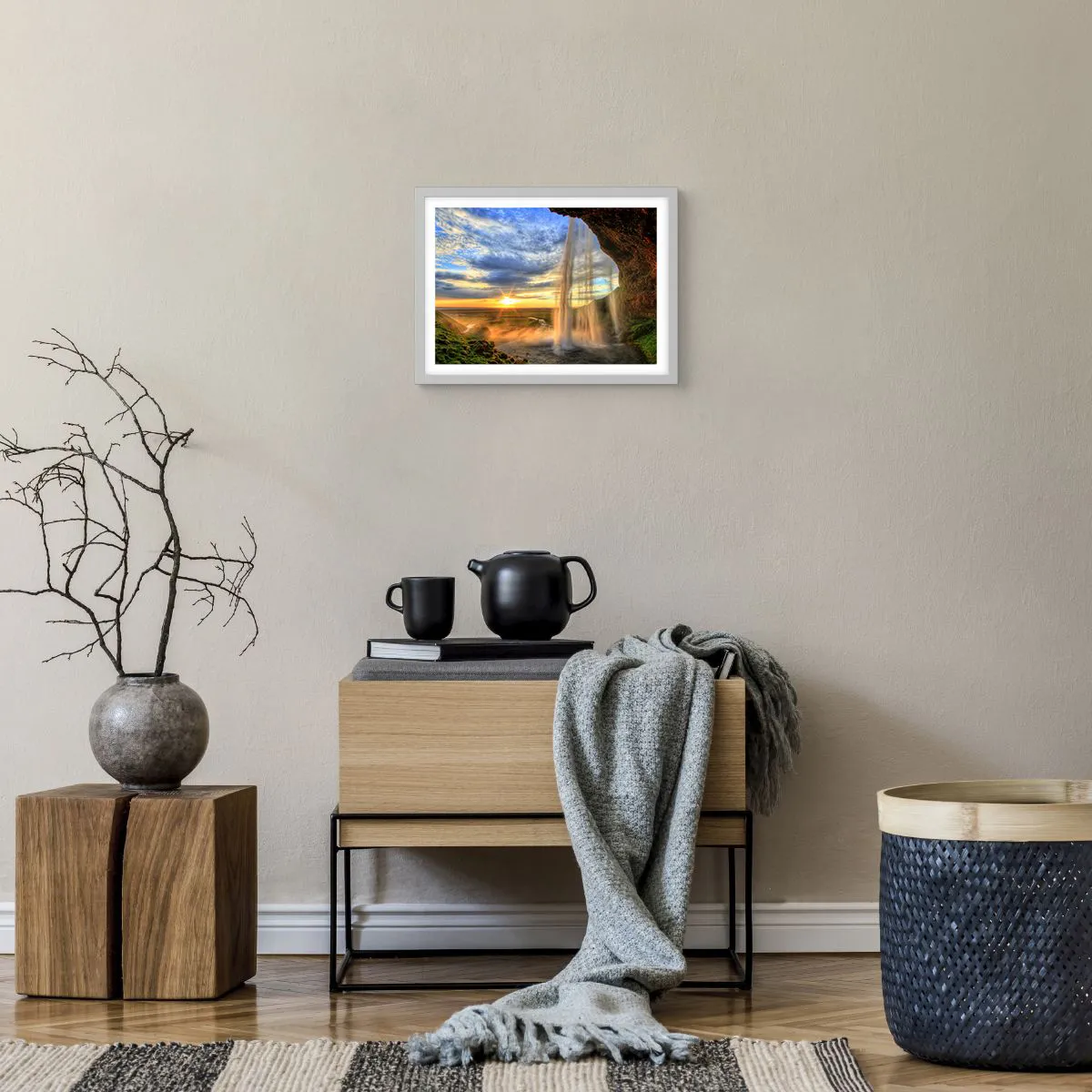 Affiche dans un cadre blanc - Poster - Le monde derrière un voile de gouttes - 40x30 cm