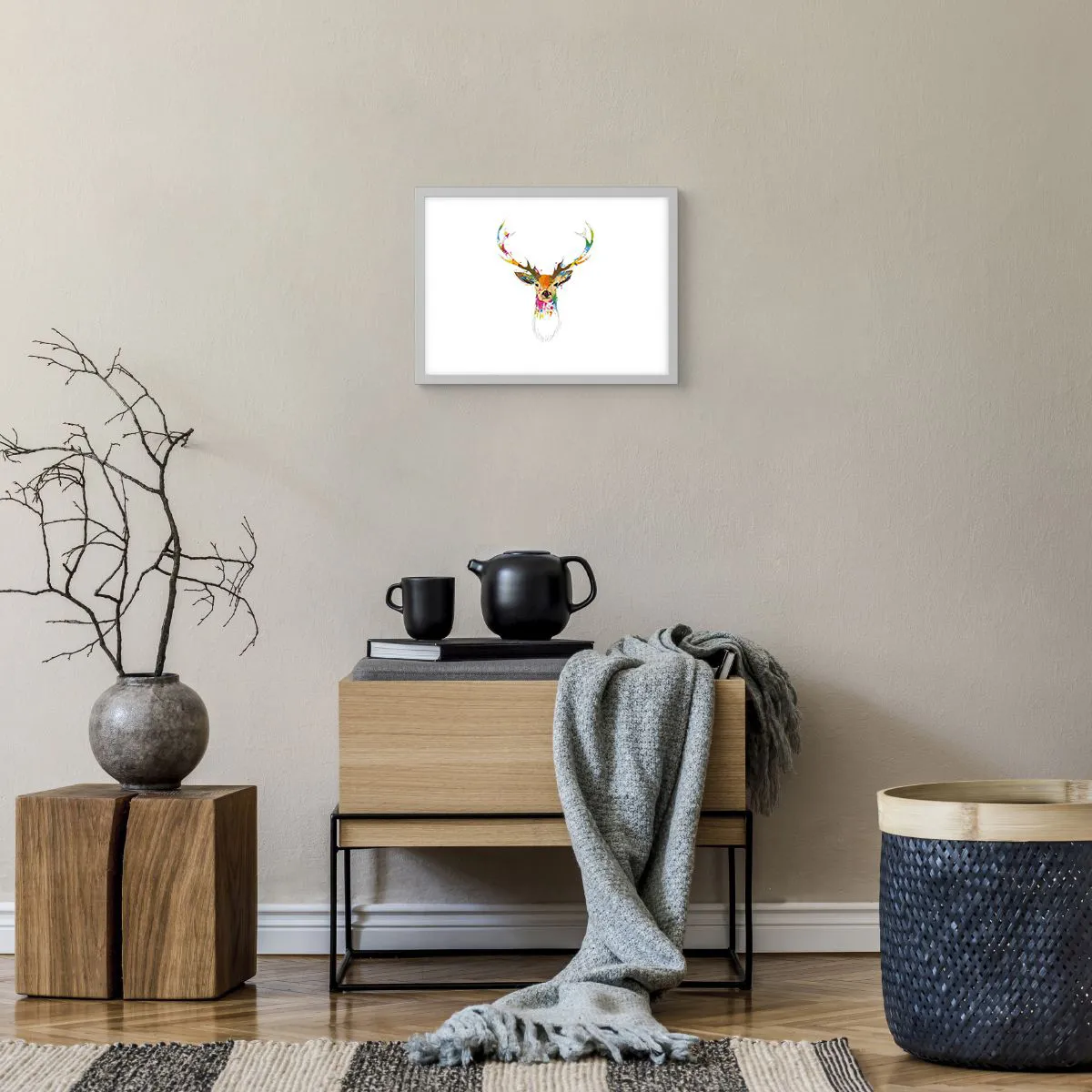 Affiche dans un cadre blanc - Poster - Un cerf doux baigné de couleur - 40x30 cm