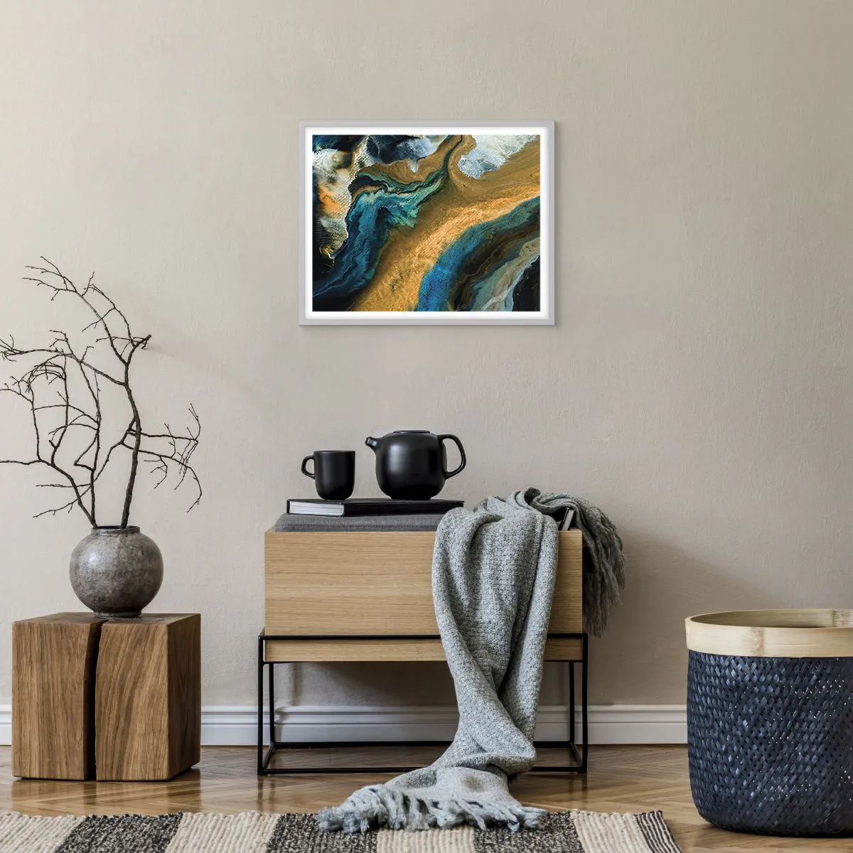 Poster in een witte lijst - Blauw - geel - wederzijdse invloeden - 50x40 cm