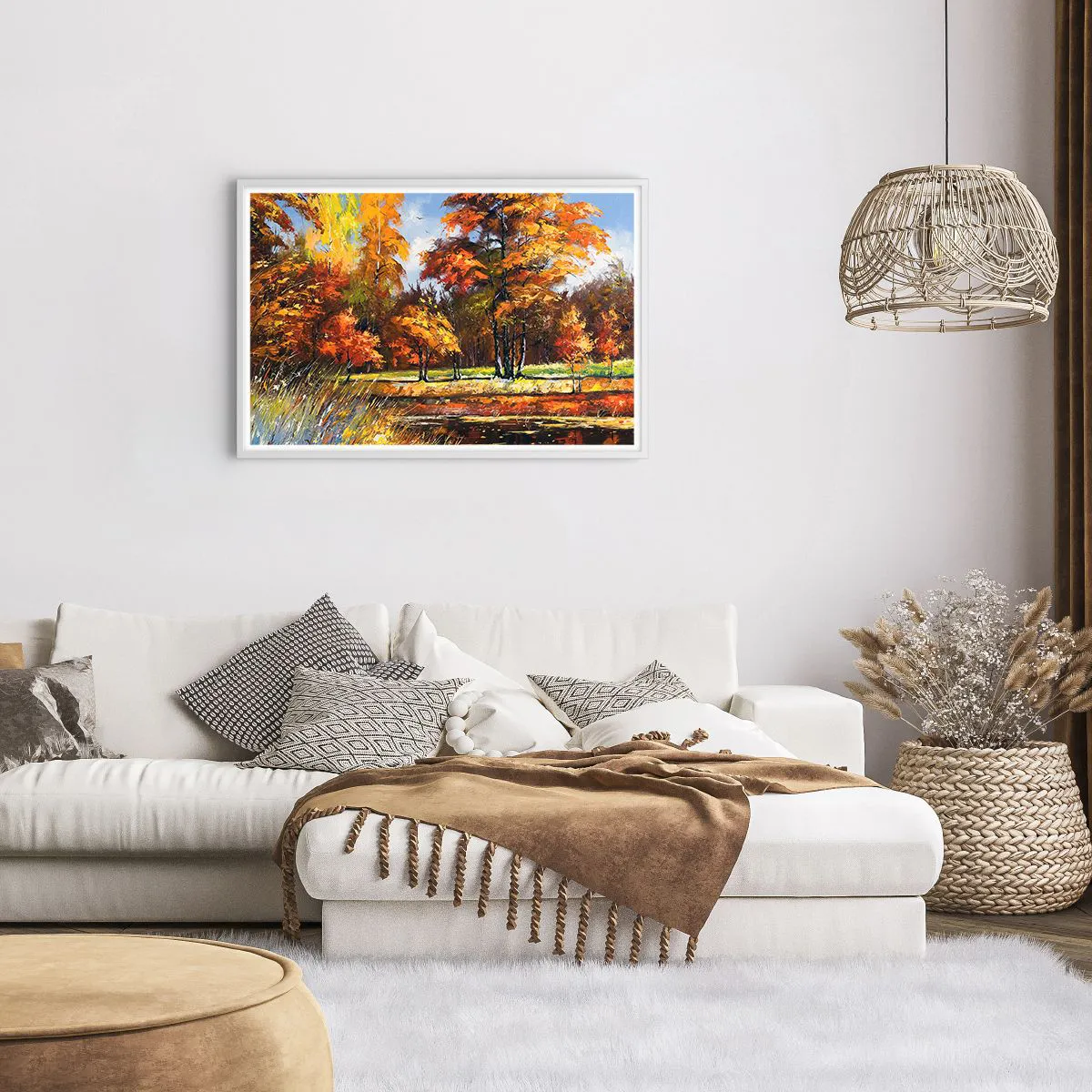 Plakát v bílém rámu - Krajinka ve zlaté a hnědé - 91x61 cm