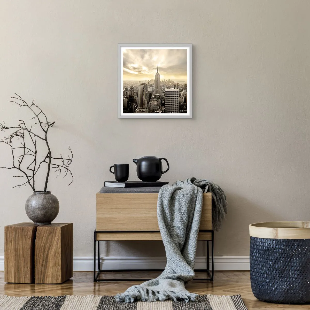 Plagát v bielom ráme - New York utkaný zo šedej - 40x40 cm