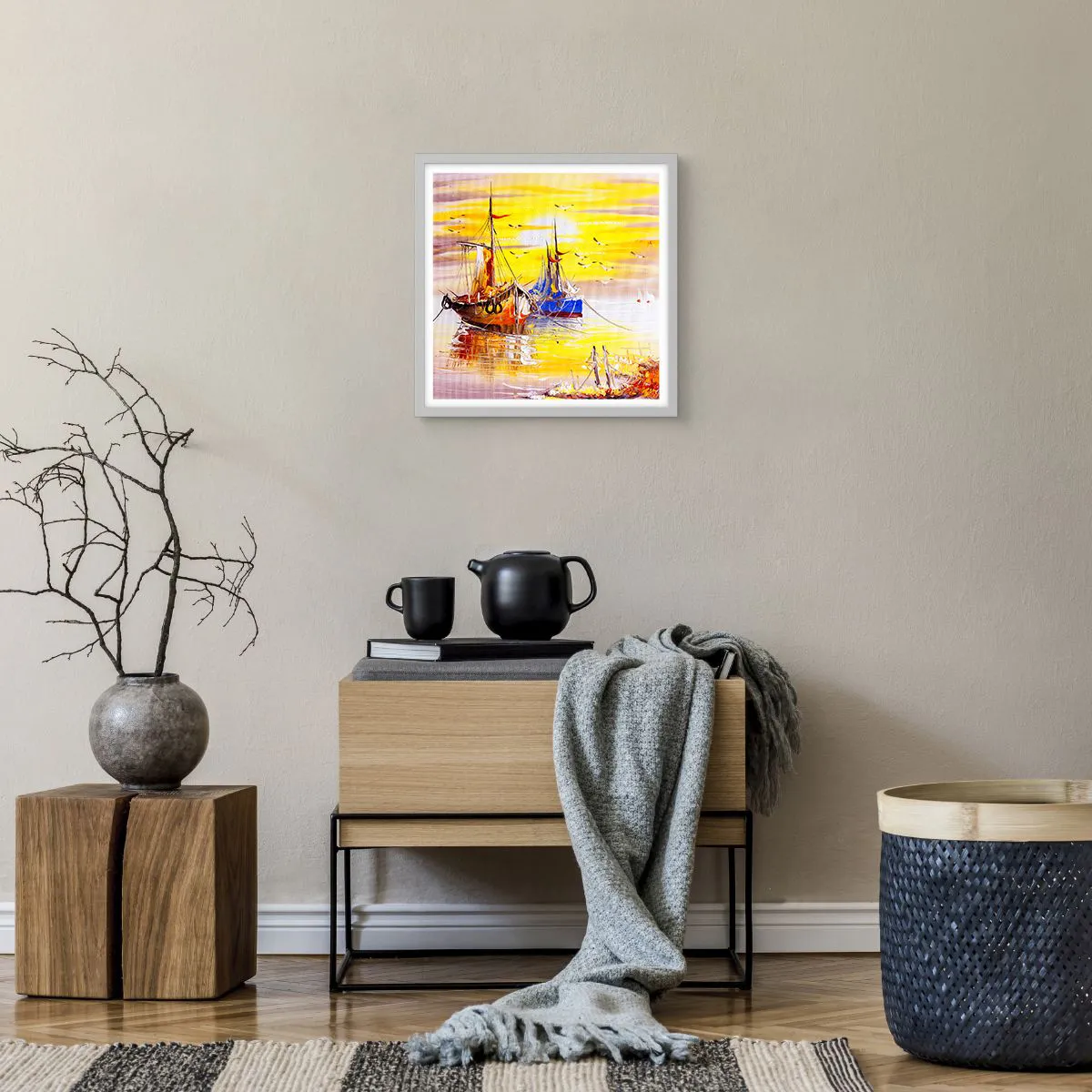 Plakat i hvid ramme - Et velfortjent hvil i havnen - 40x40 cm