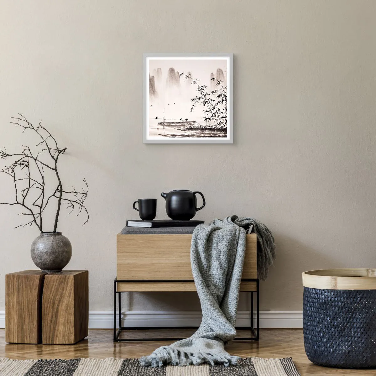 Plakat i hvid ramme - Stilhed i rismarkerne - 40x40 cm