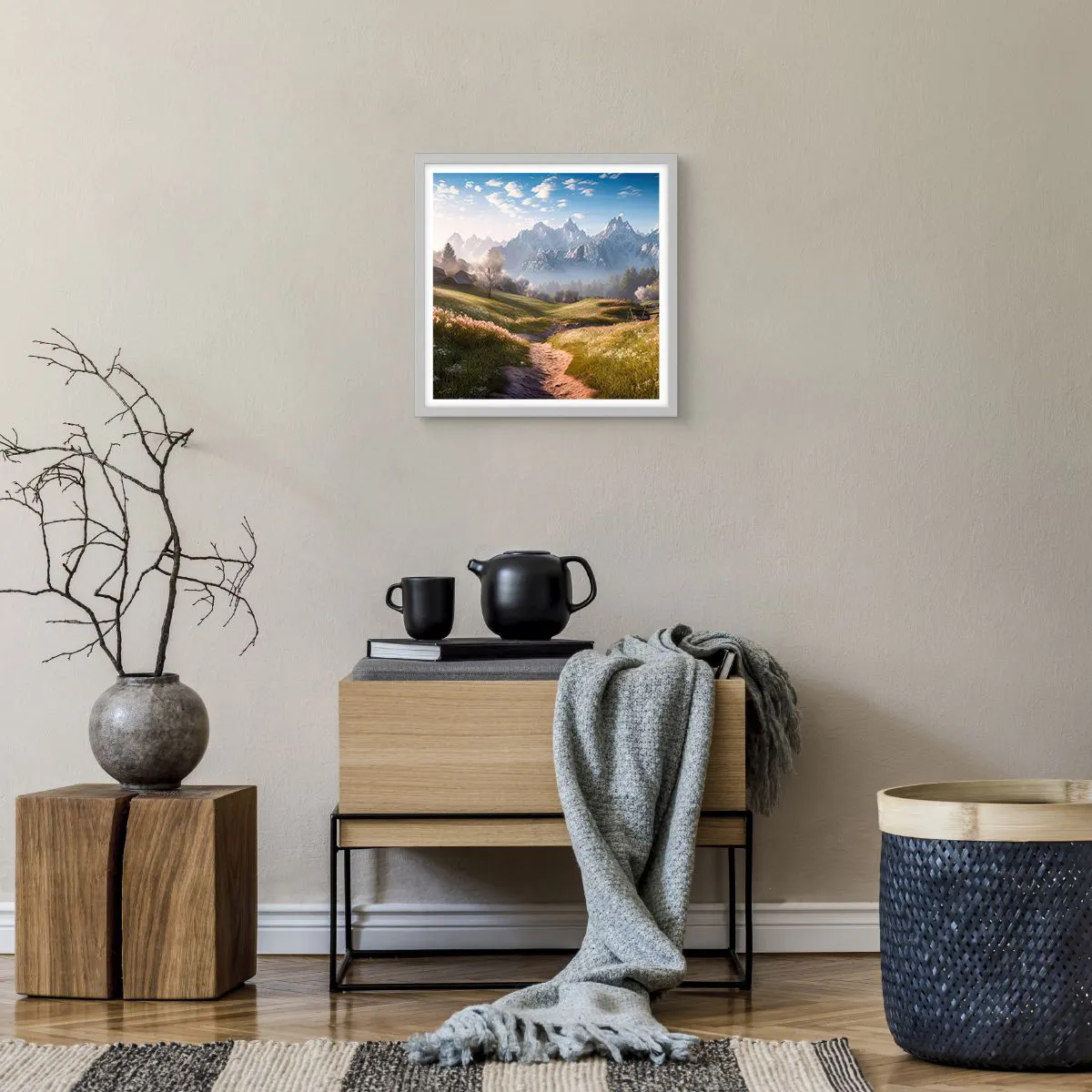 Affisch i vit ram - Idyllisk dal - 40x40 cm