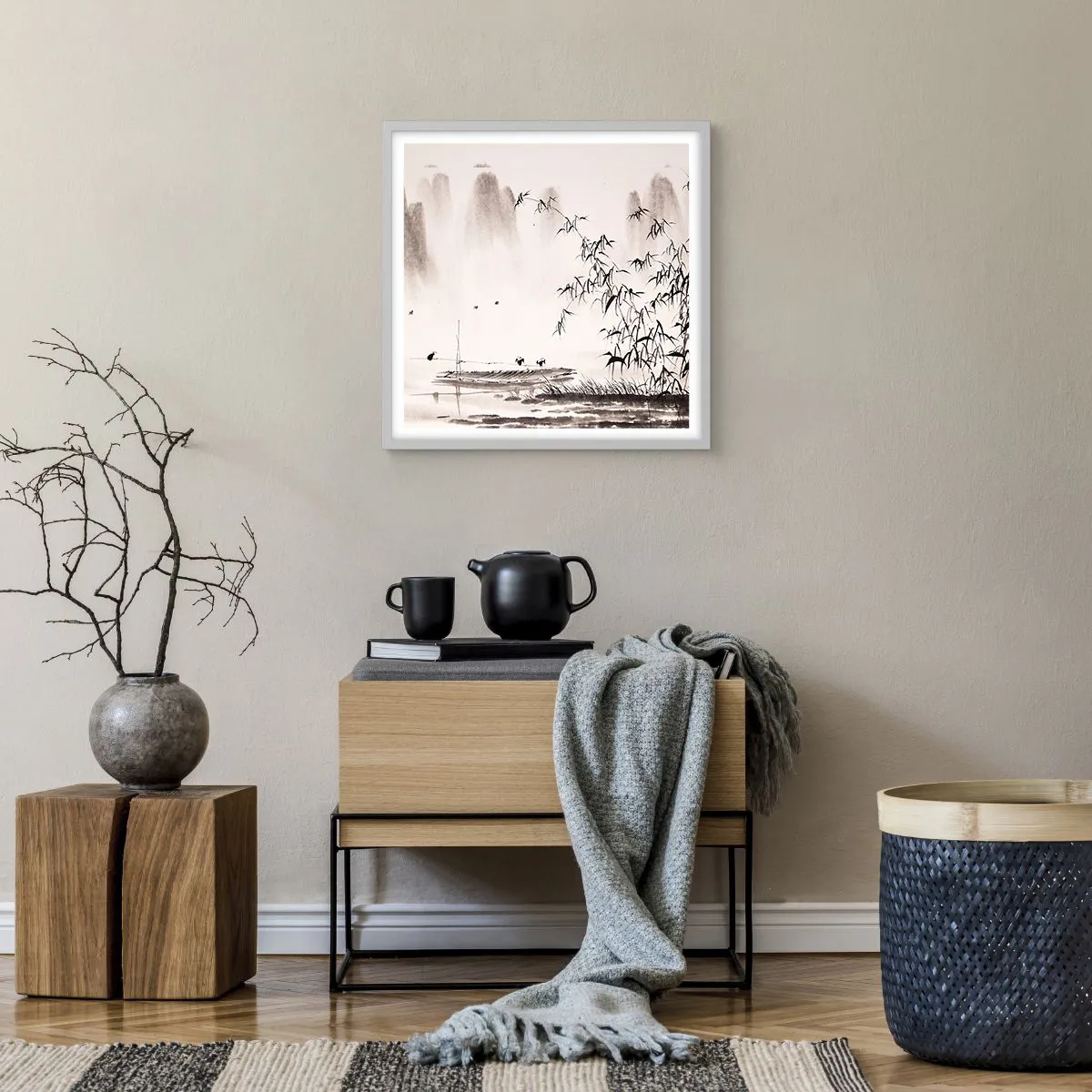 Plagát v bielom ráme - Pokoj ryžových polí - 50x50 cm