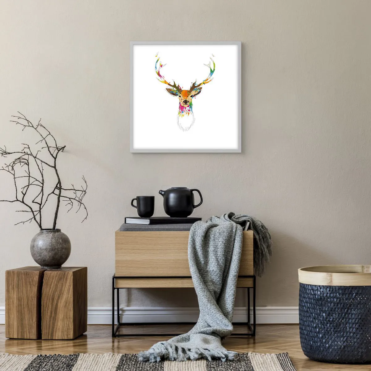 Affiche dans un cadre blanc - Poster - Un cerf doux baigné de couleur - 50x50 cm