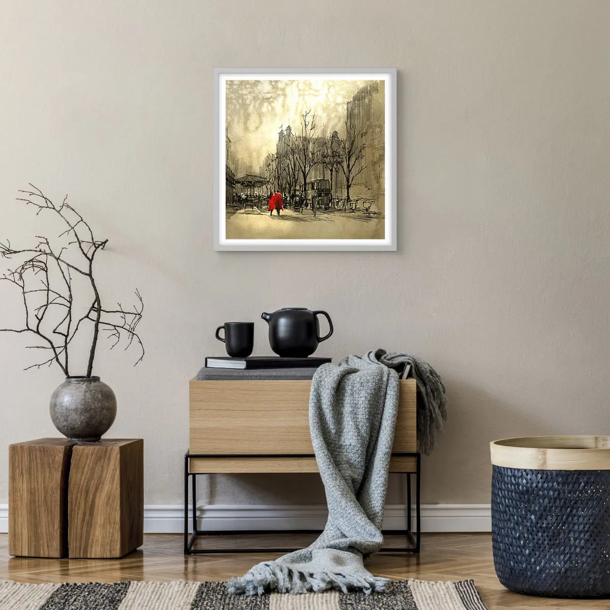 Poster în ramă albă - O întâlnire în ceața londoneză  - 50x50 cm