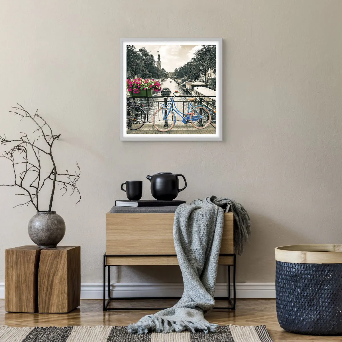 Plakát v bílém rámu - Barvy amsterdamské ulice - 50x50 cm