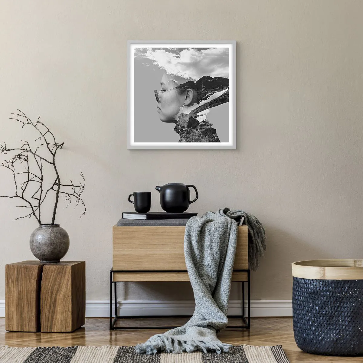 Plagát v bielom ráme - Povznešený portrét v oblakoch - 50x50 cm